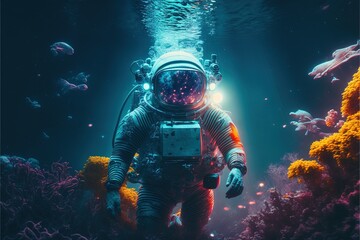 Astronaut swimming in the nebula water and stars with neon light effects. Astronaut in the water. astronaut. high-definition water life. Underwater life Generative AI