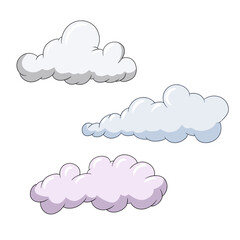 Set of Light colored cumulus cloud in cartoon style, large clouds in the sky, vector