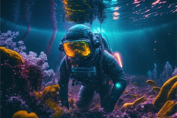 Astronaut swimming in the nebula water and stars with neon light effects. Astronaut in the water. astronaut. high-definition water life. Underwater life Generative AI