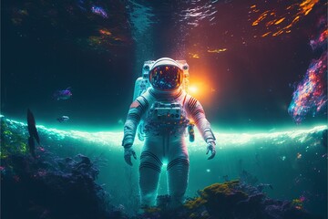 Fototapeta premium Astronaut swimming in the nebula water and stars with neon light effects. Astronaut in the water. astronaut. high-definition water life. Underwater life Generative AI