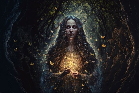 Wide Angel with Magic Hands. Generative AI, non-existent person.	