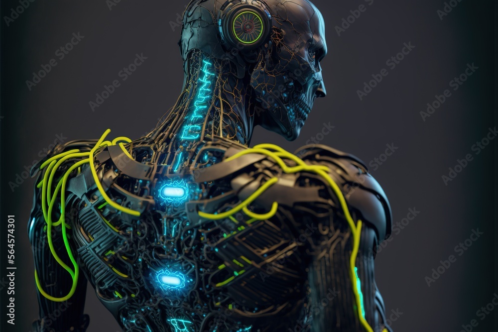 Poster cyborg robot with brain connection and neon effect. evil artificial intelligence robot. cyborg. robo