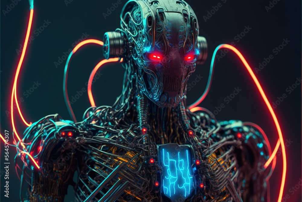 Poster cyborg robot with brain connection and neon effect. evil artificial intelligence robot. cyborg. robo