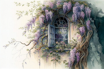 glycine au printemps sur le mur d'une maison