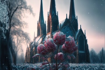 Roses draped with epic frost fantasy magical with gothic church background