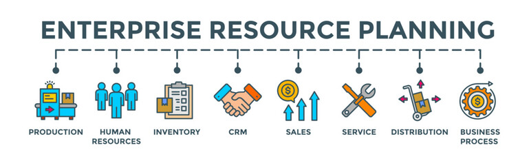 ERP banner. Editable vector illustration concept with production, human resources, inventory, crm, sales, service, distribution, business process icons.