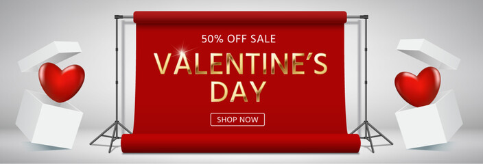 Sale banner with heart balloons and gift boxes. Advertising for sale in jewelry store. St. Valentine's day promo website header. Romantic composition and hearts. White gift packaging. 3d trendy design - 564575341