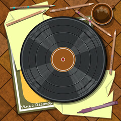 Vinyl record with a package, crumpled sheets of paper, pencils, a ballpoint pen, a cup of coffee on a brown tiled table. Vector illustration