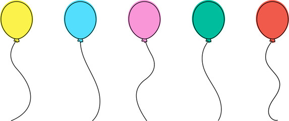 Balloons in cartoon style. Bunch of balloons for birthday and party. Flying ballon with rope. Blue, red, yellow, pink and green ball isolated on white background. Illustration flat © NK