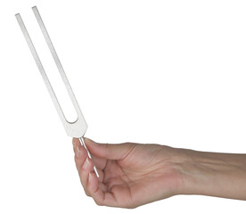 Sound Healer holding upright a long aluminium Tuning Fork in one hand isolated transparent png file