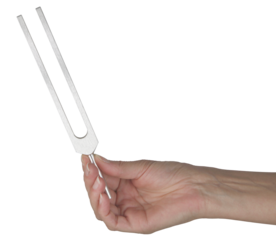 Sound Healer holding upright a long aluminium Tuning Fork in one hand isolated transparent png file