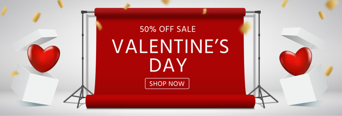 St. Valentine's day vector header. Valentine day banner. 3d gift boxes. Happy holiday greeting card. White present box with heart balloon. Balloons in shape of hearts. Gold flying confetti. Surprise! - 564575710