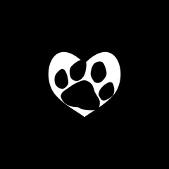 Paw print heart love concept abstract icon symbol icon isolated on black background. 