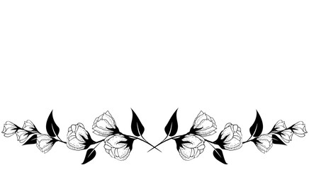 Floral composition, floral background with tender flowers and branches of buds. Hand drawing. For stylized decor, invitations, postcards, posters, cards, backgrounds, as clipart or coloring page.