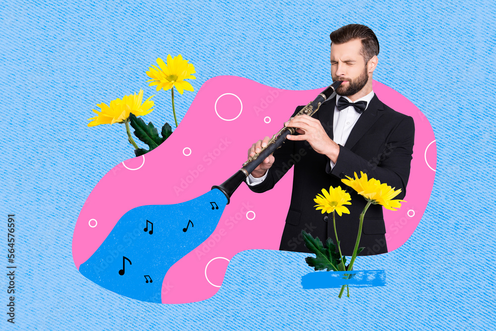 Sticker Collage photo invitation professional man bassoonist playing jazz music concert stage bouquets fresh flowers isolated on blue color background