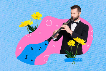 Collage photo invitation professional man bassoonist playing jazz music concert stage bouquets...