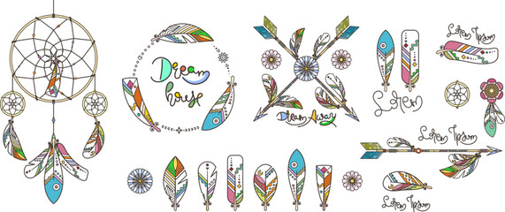 Set of beautiful boho elements. Arrow, dreamcatcher, feathers and flowers