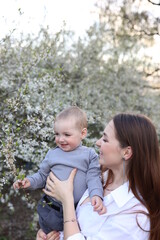 mother hugs her little son in spring near a blooming tree. Spring and plum blossom. Mother's Day. The love of a son and a mother. Gray clothes for a one-year-old boy. Kiss the son. child's laughter