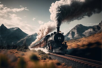 Steam train in the mountains - obrazy, fototapety, plakaty