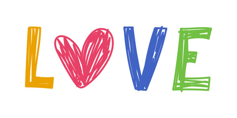 Love heart lettering sketch. Pencil drawing colorful romantic illustration. Pen or marker color symbol