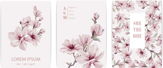 Fototapeta na wymiar Wedding invitation or greeting card with Magnolia flowers vector elements. 