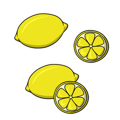 Set of yellow lemons with slices, vector cartoon