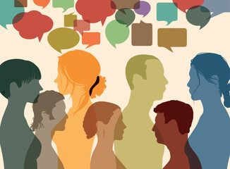 Meeting and networking with a diverse group of people. Speech bubbles. Let's talk in the community. The concept of communication and chatting with friends. Vector Illustration