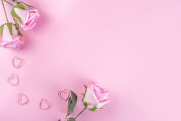 Fototapeta na wymiar Pastel rose flowers on pink background