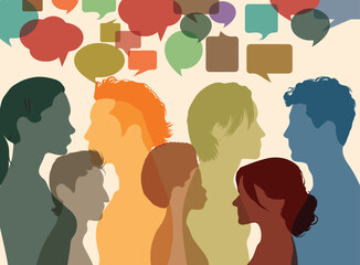 Interactive speech bubble and dialogue group with diverse participants. People of different ethnicities communicating. Talk about globalisation and discussion. Vector Illustration