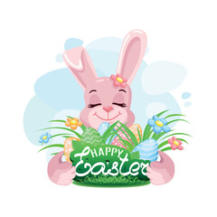 Cute easter bunny with easter eggs. Happy Easter. Vector illustration in cartoon style.
