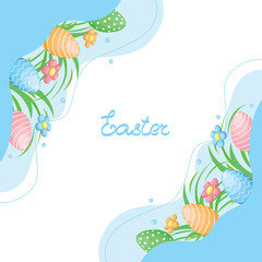 Cute Easter background in pastel colors with Easter eggs. Happy Easter. Vector illustration in cartoon style.