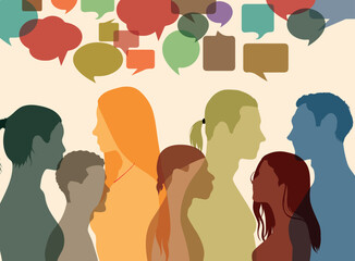 Using social networks and communicating. Communicating across cultures and socialising. Multiethnic people are represented by speech bubbles and dialogues. Vector Illustration