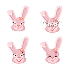Vector set of face of cute pink rabbit girl with different emotions in cartoon style.