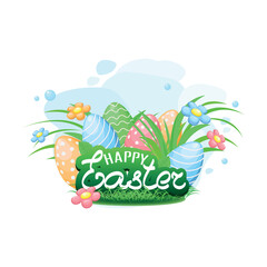 Cute Easter background in pastel colors with Easter eggs. Happy Easter. Vector illustration in cartoon style.