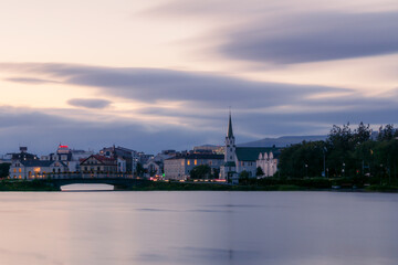 Afternoon, long exposure landscape of Reykjavik city centre with Fríkirkjan church over the...