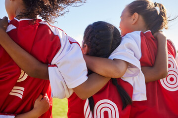 Girl, soccer group and back with huddle on field for match, contest or game with team building...