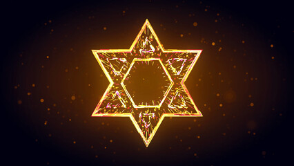 Abstract Golden Yellow Red Shiny Star Of David Judaism Symbol 3d Lines Effect And Square Dots Particles On Dark Brown Glitter Dust Background