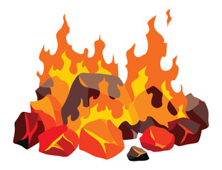 Burning coal. Realistic bright flame fire on coals heap. Closeup vector illustration for grill blaze fireplace, hot carbon or glowing charcoal image