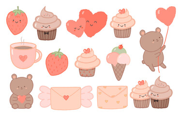 Cute Valentines day illustration Set. Adorable Valentine elements. Hand-drawn Doodle style in Pastel Color.