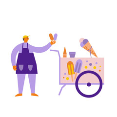 Man sells fruit ice from a mobile cart. Ice cream street food stall. Flat cartoon vector illustration