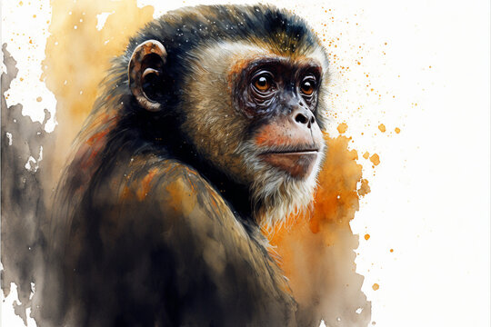 Beautiful Portrait of a Watercolor Monkey Painting, Generative AI