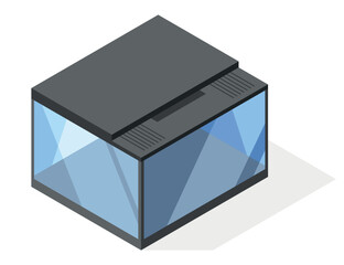 Isometric aquarium in modern minimalistic style. Transparent acrylic, plastic or plexiglass box for exhibit. Vector illustration empty clear glass showcase on white background