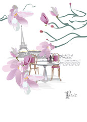 Design with the Eiffel tower, spring flowers and a café table with a cup of coffee. Series of spring greeting backgrounds. Hand drawn vector illustration.