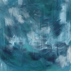 Abstrakcyjny obraz na płótnie, z wyraźną fakturą, artystyczny, pociągnięcia pędzla, nastrojowy, odcienie niebieskiego, błękit, sztorm, niebo.