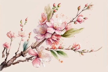 Cherry blossom branch with pink flowers. pink sakura flower background. watercolor cherry blossom. cherry blossom branch with sakura. sakura on white background. generative ai