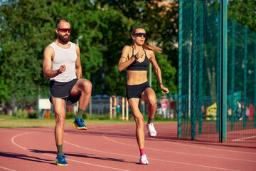 Handsome young athletes are engaged in jogging, fooling around on a treadmill in a city park