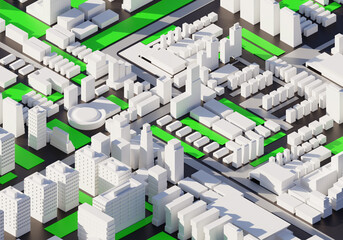 Urban architecture. Model sketch of city on green background. White building on green background. Three-dimensional model of city. Concept - development of city project. Downtown model. 3d image