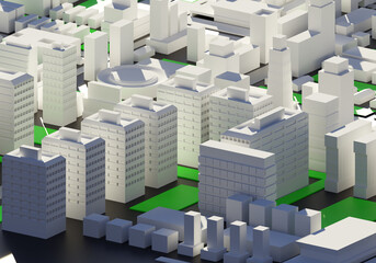 Urban background. Three-dimensional city map top view. Abstract city map 3d. Visualization of city streets and buildings. Buildings and roads on gray background. Architectural background. 3d image.
