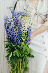 Young female in linen dress posing with lupine flowers. Gathering and arranging summer wildflowers at home in countryside. Stylish woman holding lupine bouquet in rustic room, close up