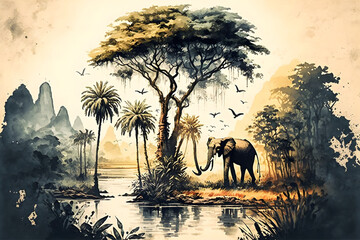 Fototapeta na wymiar Watercolor painting style, high quality digital art, landscape on an African tropical jungle with trees next to a river with giraffes, elephants and birds, in coordinating colors